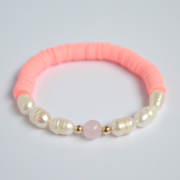 Breast Cancer Rose Quartz Freshwater Pearl Gemstone Beaded Bracelet - Picture 4 of 4
